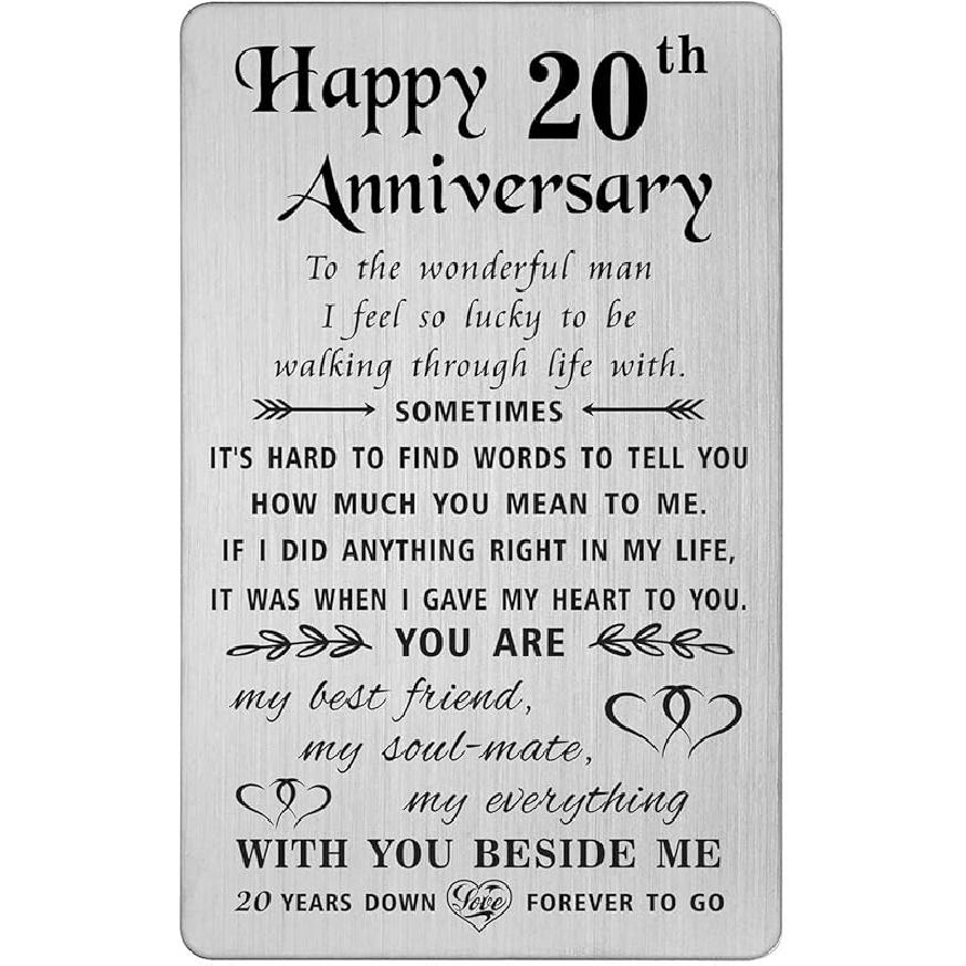 TANWIH Happy 20th Wedding Anniversary Card Gifts for Him Husband, 20 Year Anniversary Cards Gift for Men, Engraved Metal Wallet Insert