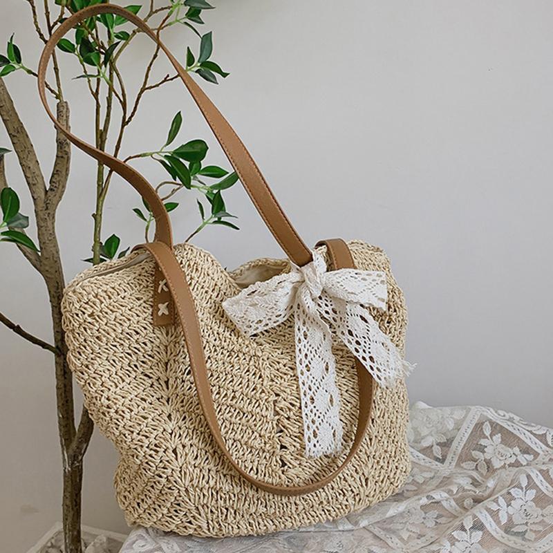 Yogodlns Повседневная соломенная сумка через плечо для женщин, полая тканая пляжная сумка из ротанга