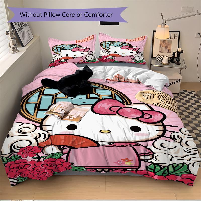 3 шт. Постельное белье в древнем стиле с рисунком Hello Kitty, комплект из трех предметов (1 Наволочка + 2 Наволочки, Без Наполнителей),  Мягкий и удобный W004