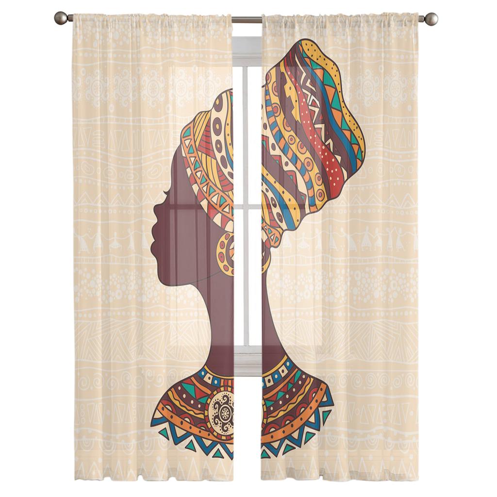 Ethnic African Woman Chiffon Sheer Curtains for Living Room Bedroom Home Decoration Window Voile Tulle Curtain Drapes
