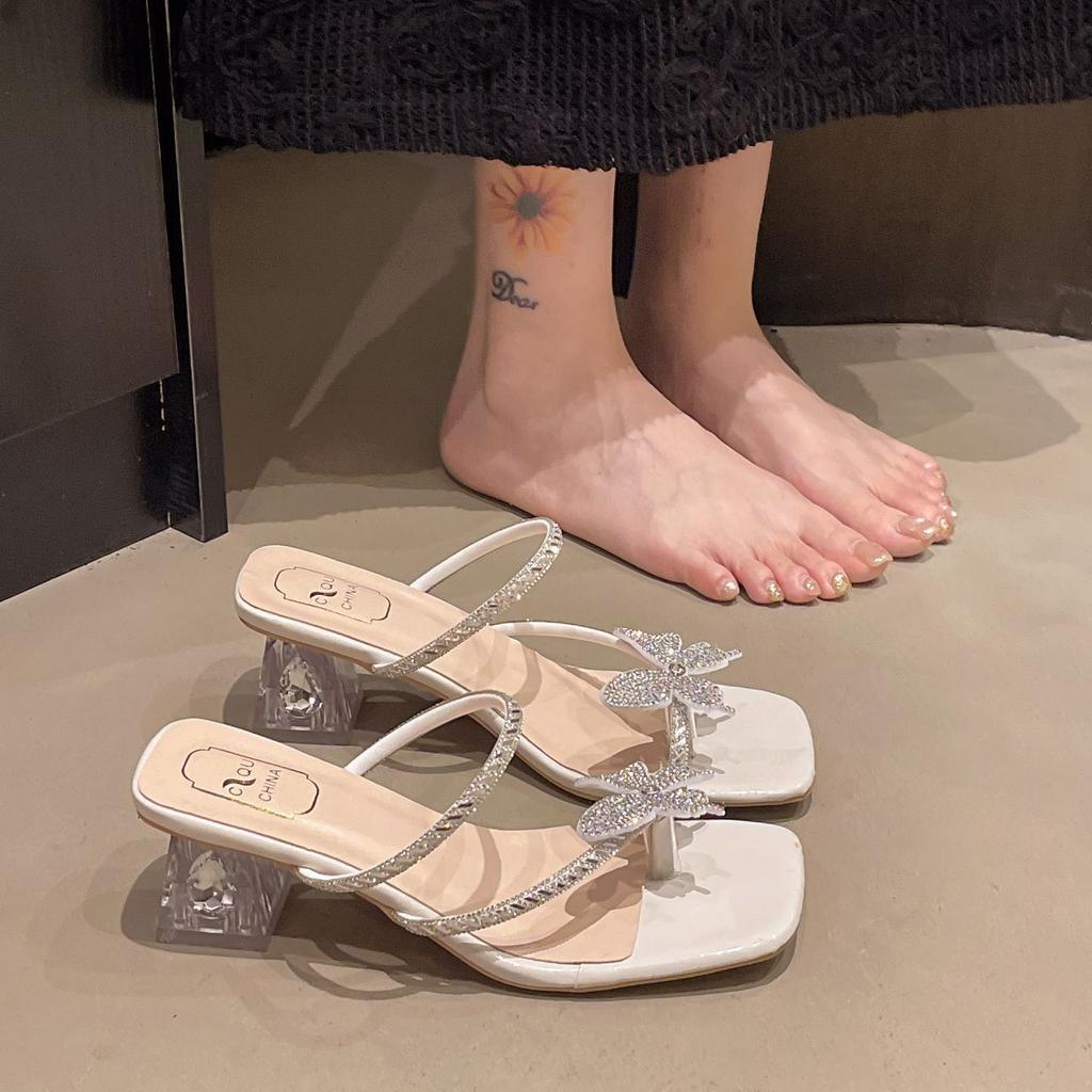 Bow Rhinestone Thick Heel Cool Slippers Women Wear 2025 Summer New Fairy Style French Mezzanine High Heel Sandals