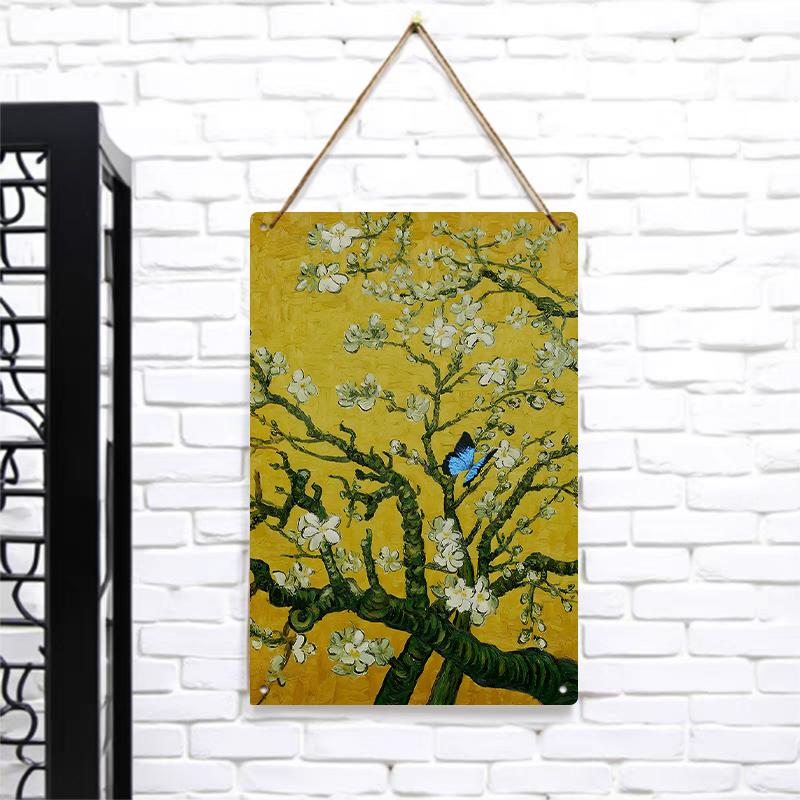 Van Gogh Style Apricot Blossom with Blue Butterfly Metal Wall Art Decor for Living Room Kitchen Home Decoration