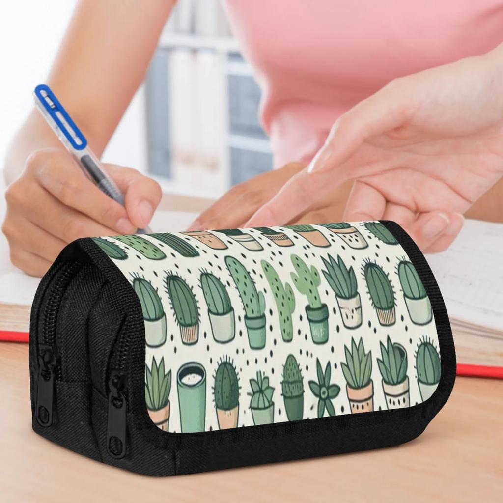 1pc Green Cactus and Potted Plants Design Double Layer Flip Pencil Case - Large Capacity Zipper Closure, Durable Polyester Oval School & Office Suppli