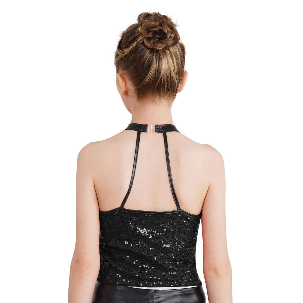 Girls Shiny Sequin Halter Crop Top Sleeveless Backless Design Cheerleading Jazz Dance Performance Top