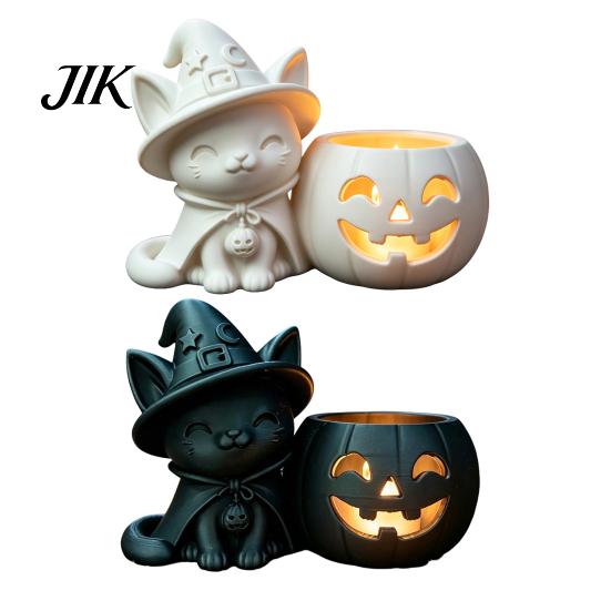 Cute Halloween Crafts Black Cat Pumpkin Candlestick, 3D Printed Witch Candle Hollow Light Holder with Tealight Cup, Spooky Tabletop Decor for