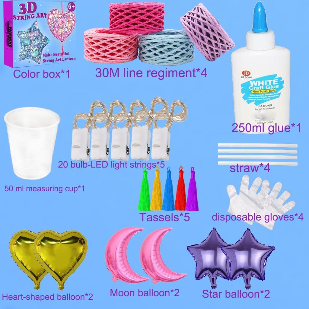 Beilunt 3D String Art Kits Crafts for Girls Ages 8-12, Arts and Crafts for Kids Ages 6-8, Make String Lantern with 20 Colored LED Bulbs for Girls 6 7