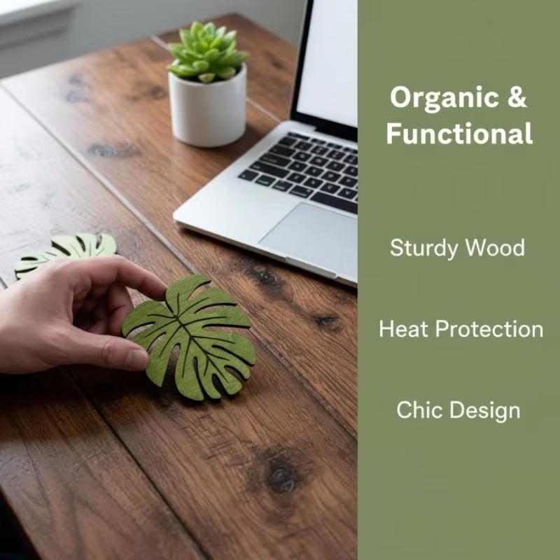 4Pcs/Pack Monstera Leaf Wooden Coaster Tropical Plant Drink Pads Non-Slip Heat Resistant Cup Mats for Home Kitchen Bar Office
