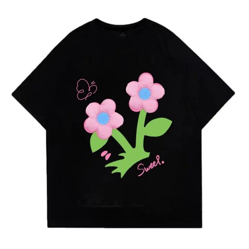 Летняя женская футболка с 3D цветочным дизайном, милая женская футболка с забавным принтом, свободная футболка с короткими рукавами и круглым вырезом