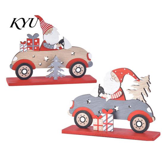 Decorative Wooden Gnome Set Vintage Santa Driving Figurine, Car Tabletop Ornament Natural Wood Christmas Craft with Tree, Festive Holiday Decor