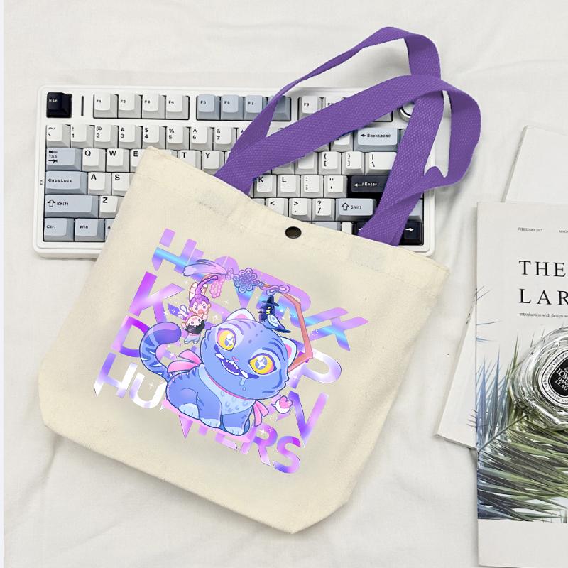 KPop Demon Hunters GIRLS Canvas Shopping Bags Women Cotton Tote Bags Reusable Cartoon Letter Shoulder Bag Grocery Handbag Beige