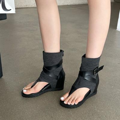 Женские сандалии в римском стиле с открытым носком на танкетке, цветные ретро-ботфорты с высоким берцем для лета