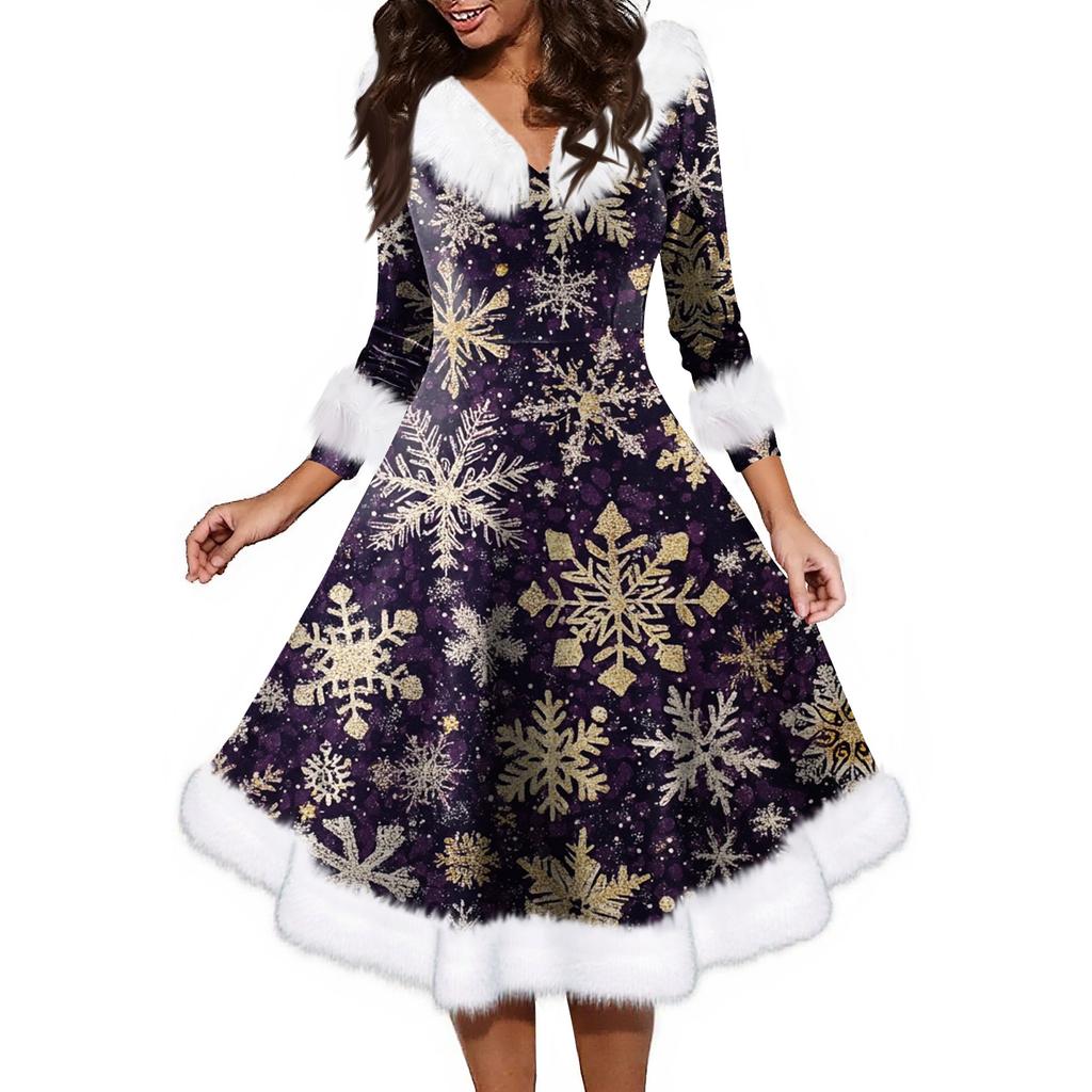 Женское модное повседневное платье с v-образным вырезом и рождественским принтом для вечеринки с длинными рукавами