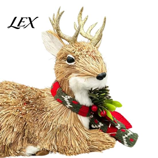 Natural Fiber Christmas Ornaments Handmade Straw Deer/Squirrel with Scarf, Retro Pastoral Style Holiday Desk Display Decor Rustic Animal Figurines for