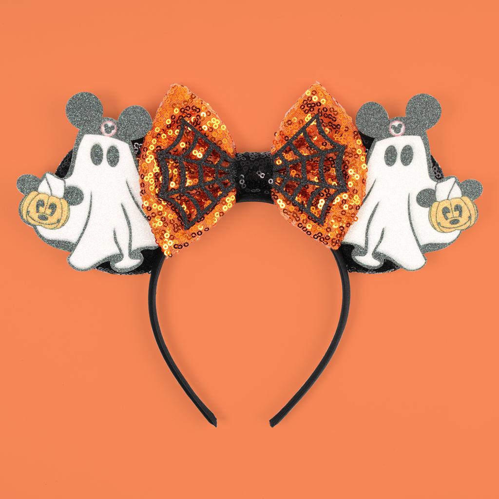 Mickey Minnie Halloween Headband Ghost Glitter Bow Paired Spider Web Pattern Women Holiday Party Decoration Perfect Gifts