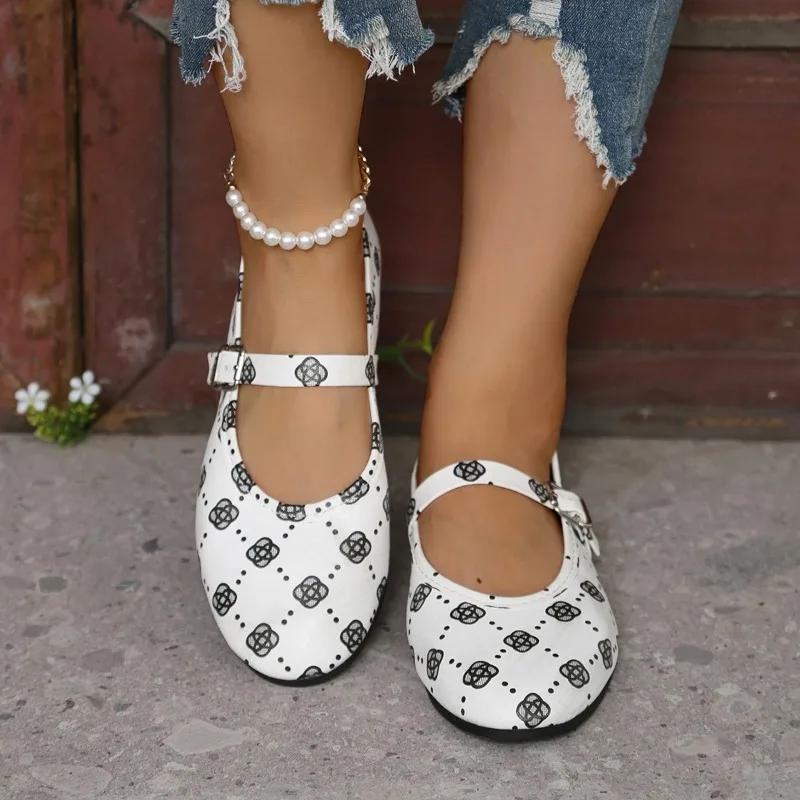 Новые женские удобные плоские туфли с круглым носком и пряжкой для ходьбы, модные весенне-осенние повседневные мокасины с принтом
