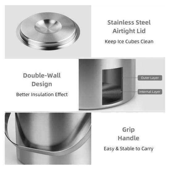 Stainless Steel Ice Bucket with Lid And Tongs 2/3L Large Capacity Double Wall Insulated Ice Bucket for Parties Wine Champagne Cocktails Home Bar