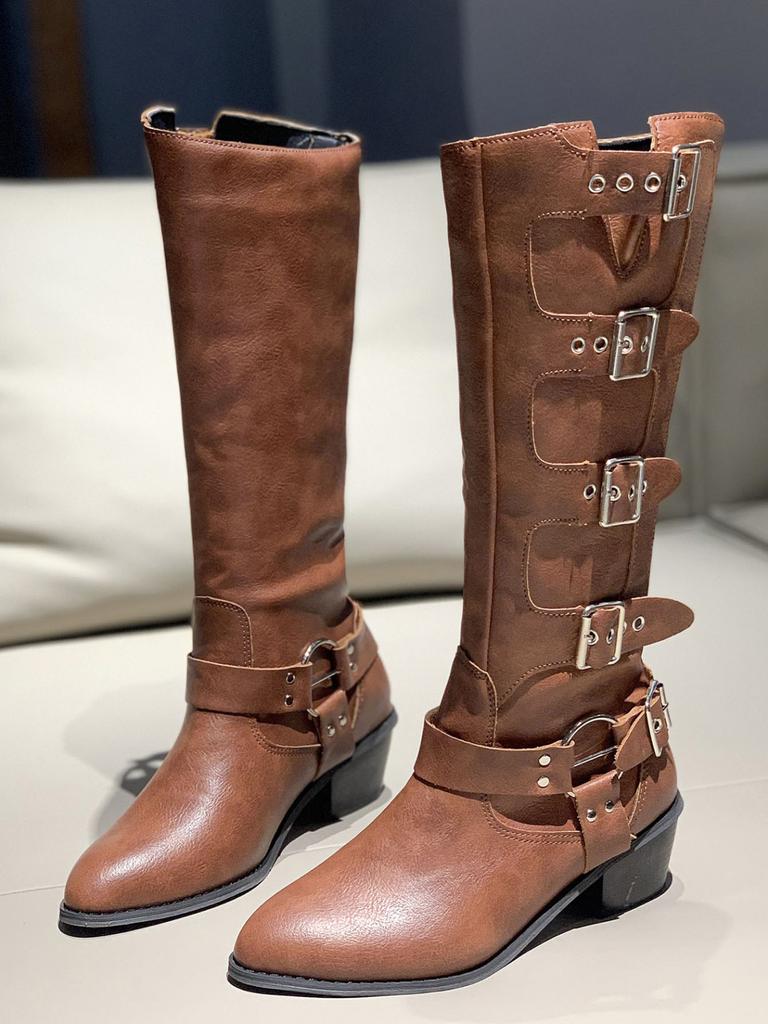 Fashion Fashion Buckle Knee High Boots for Women Winter Square Heels Western Long Boots Woman Black Pu Leather Punk Gothic Booties