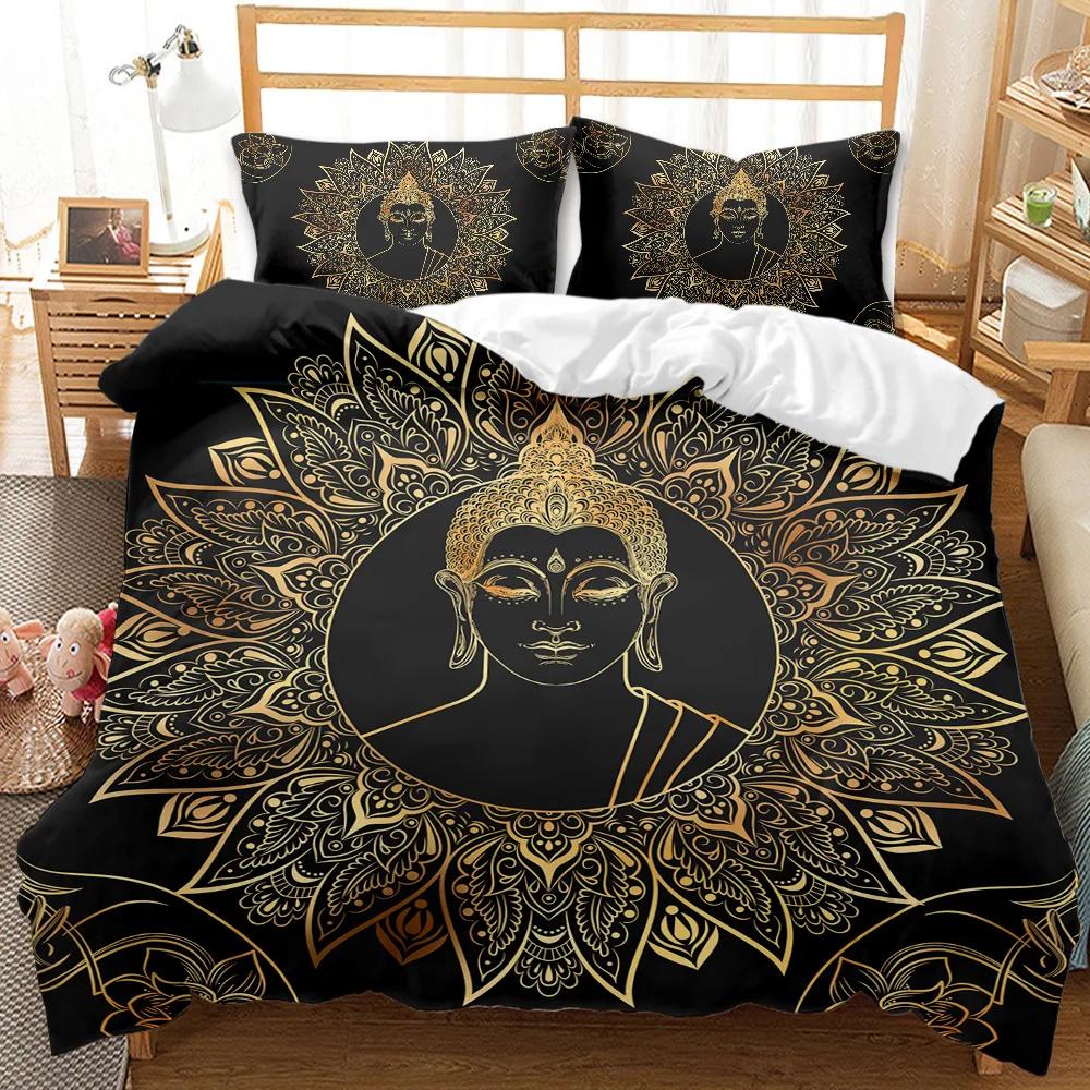 Buddha Statue Duvet Cover Set King/Queen Size,Exotic Golden Buddha Lotus Flowers Comforter Cover Adults Polyester Bedding Set
