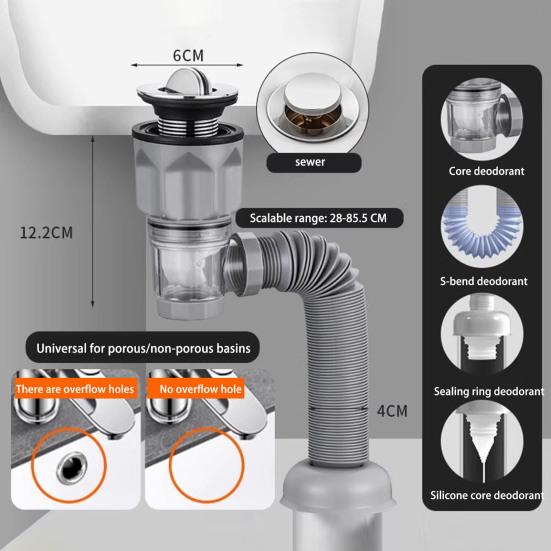 Bathroom Sink Drain Kit with Flexible Expandable P-Trap Leak-Proof Odor Prevention Easy Installation