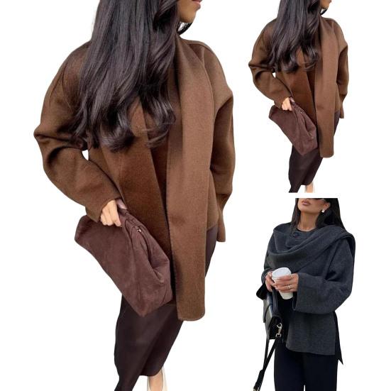 Женское пальто с шарфом, V-образным вырезом, свободным длинным рукавом, кардиганом, короткой курткой с шалью, однотонная повседневная верхняя одежда для поездок на работу и обратно на весну и осень