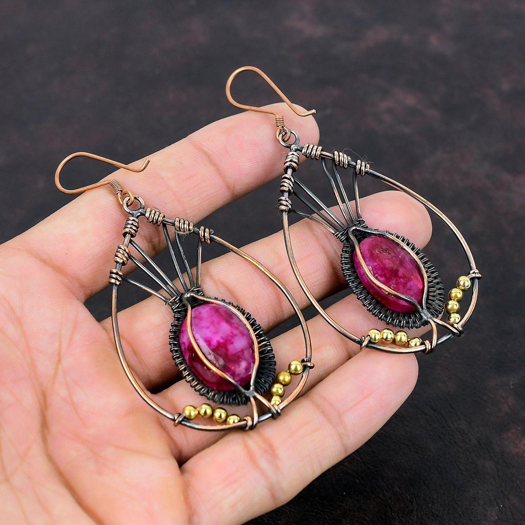 Граненые серьги из кашмирского рубина, медная проволочная обертка, серьги из натурального драгоценного камня, медные украшения, серьги ручной работы, проволочные украшения, подарок для мамы