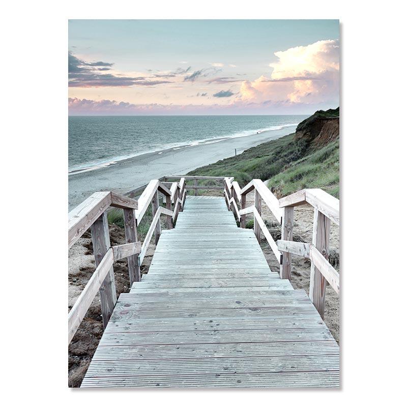 Пляж, море, океан, пейзаж, настенное искусство, холст, постер, мост, листья, черепаха, чайка, принт, живопись, летняя картина, скандинавский домашний декор