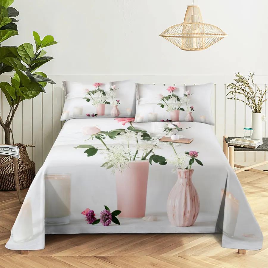 Pink Floral Bed Sheet Set Pillowcase Bedding Linens Cover Flower Queen King Twin Full Size for Single Double Bed Soft Thin