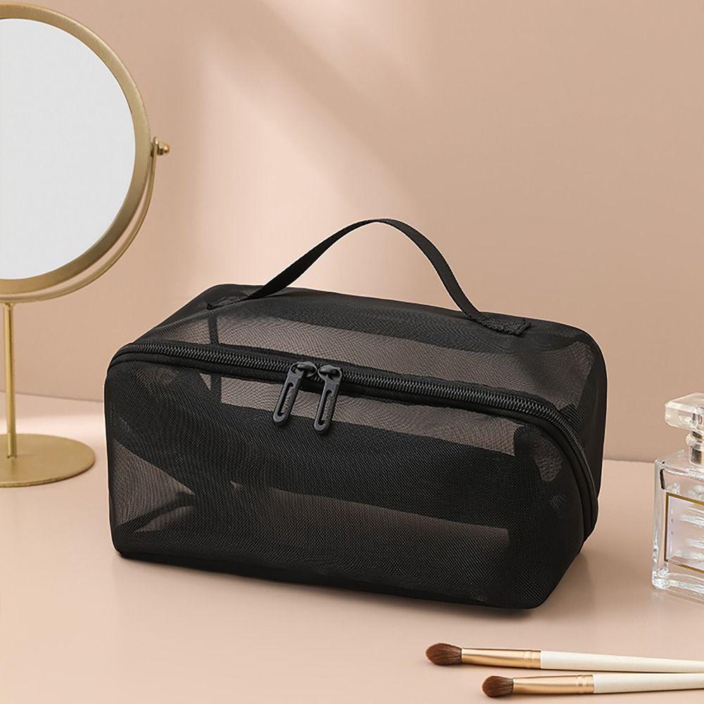 Простая сетчатая косметичка большой емкости со звездной молнией, черная серая косметичка для путешествий, удобный несессер для туалетных принадлежностей