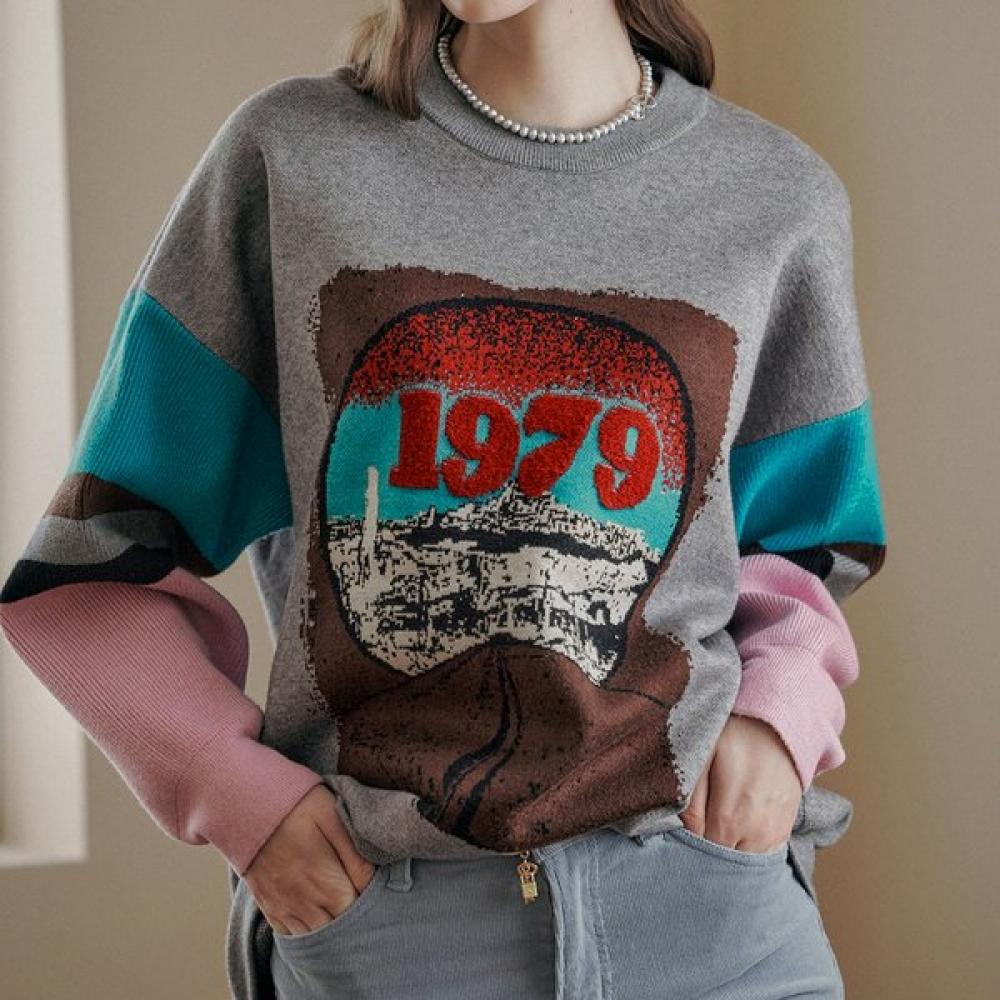 MAXZA Color Block Винтажная Надпись Свободный Крой Вязаный Zd11qk017na