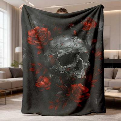 Gothic Skull With Vivid Red Rose Dark Background Vintage Tattoo?Style Pattern Flannel Blanket Warm Cozy Printed Throw Blanket