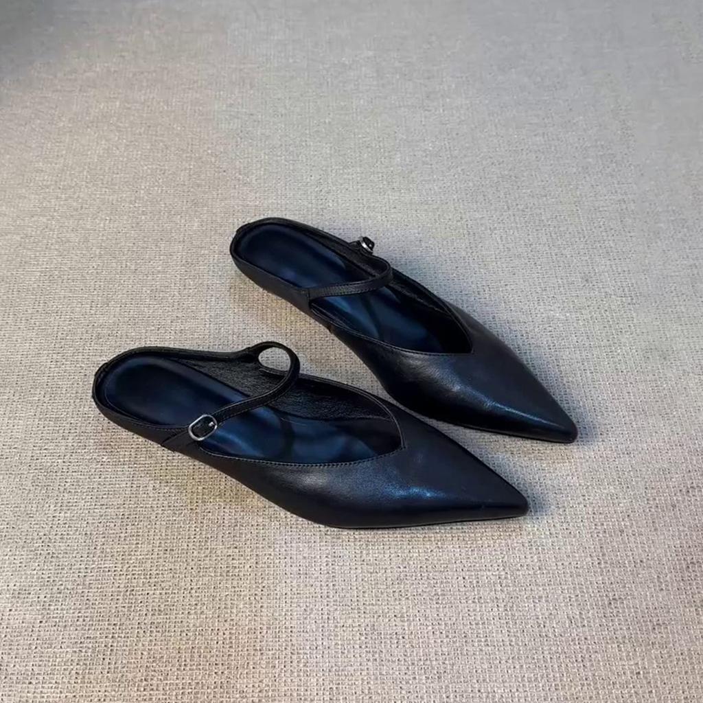 Sheepskin Version~ New Pointed Thick-soled Bag Head Half Slippers French Retro One-word Buckle Strap Fashionable Light Mouth Mueller Shoes