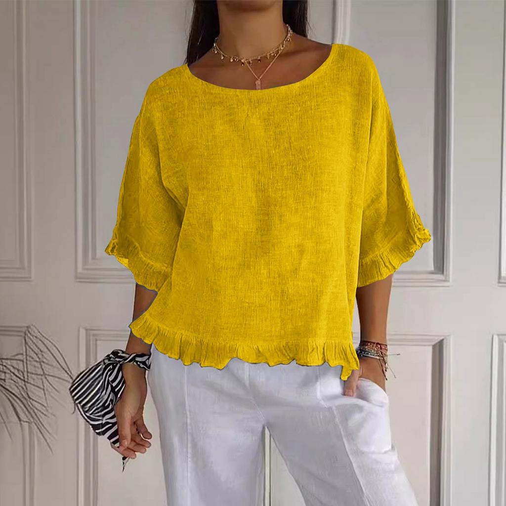 Women's' Fashion Solid Color Round Neck Short Sleeve Loose  Pullover Shirt Top