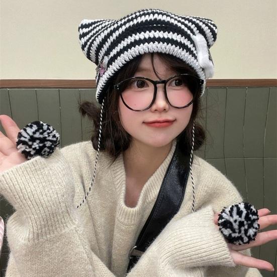 Japanese Style Cat Ear Beanie Hat Star Striped Print Knitting Hat Autumn Winter Plush Ball Pendant Warm Hat
