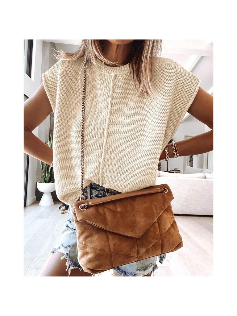 Women's Cap Sleeve Knit Pullover Crew Neck Lightweight Short Sleeve Summer Sweater