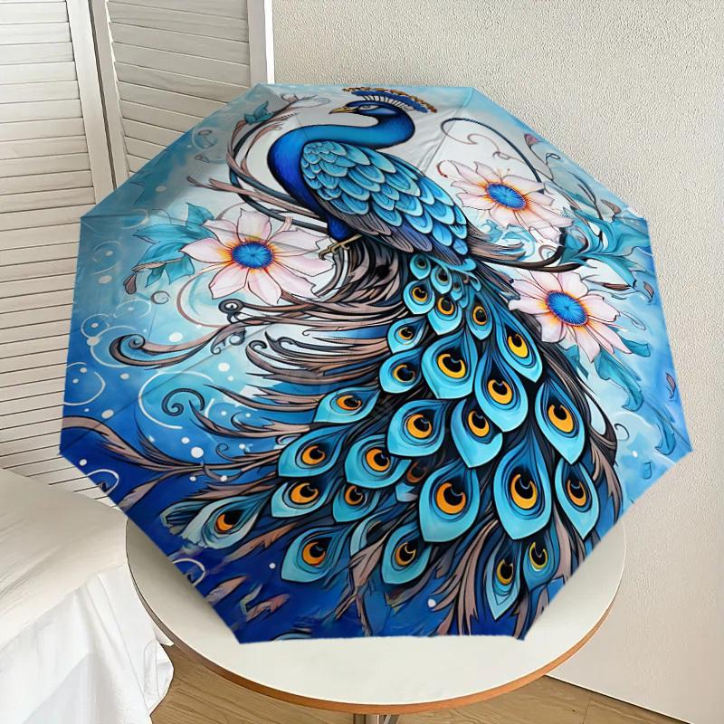 1PC Peacock Flowers Automatic Open/Close Umbrella Compact Folding Umbrella with 8-Rib Shaft lightweight esign, Highquality Fabric1215A