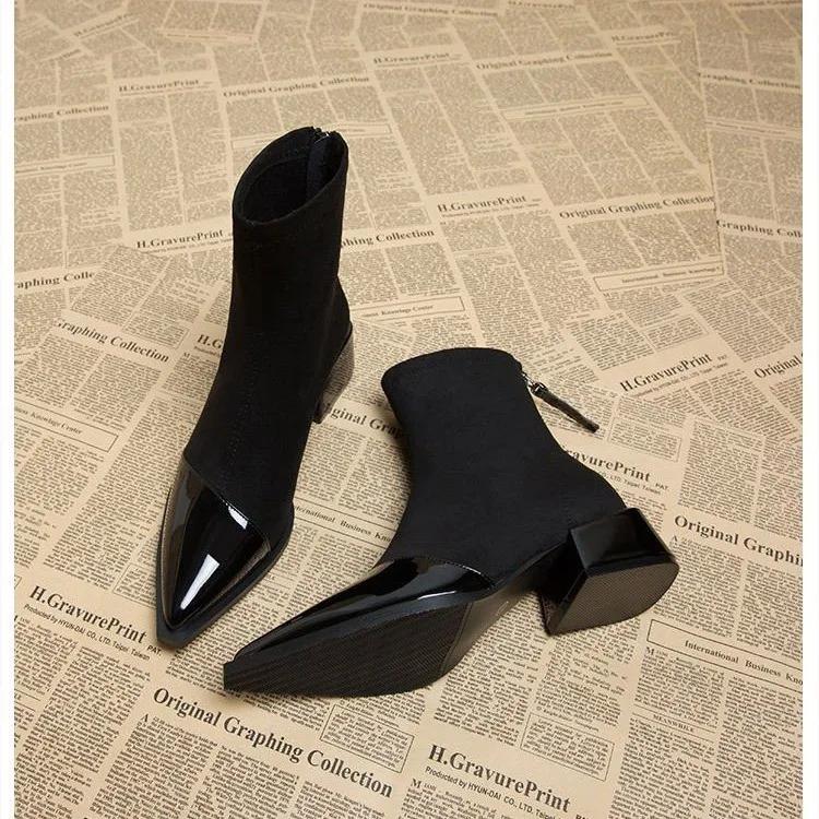 Женские ботильоны с острым носком и квадратным каблуком для улицы, однотонные, лаконичные, офисные, пэчворк, осенние, большого размера, полномерные 2024