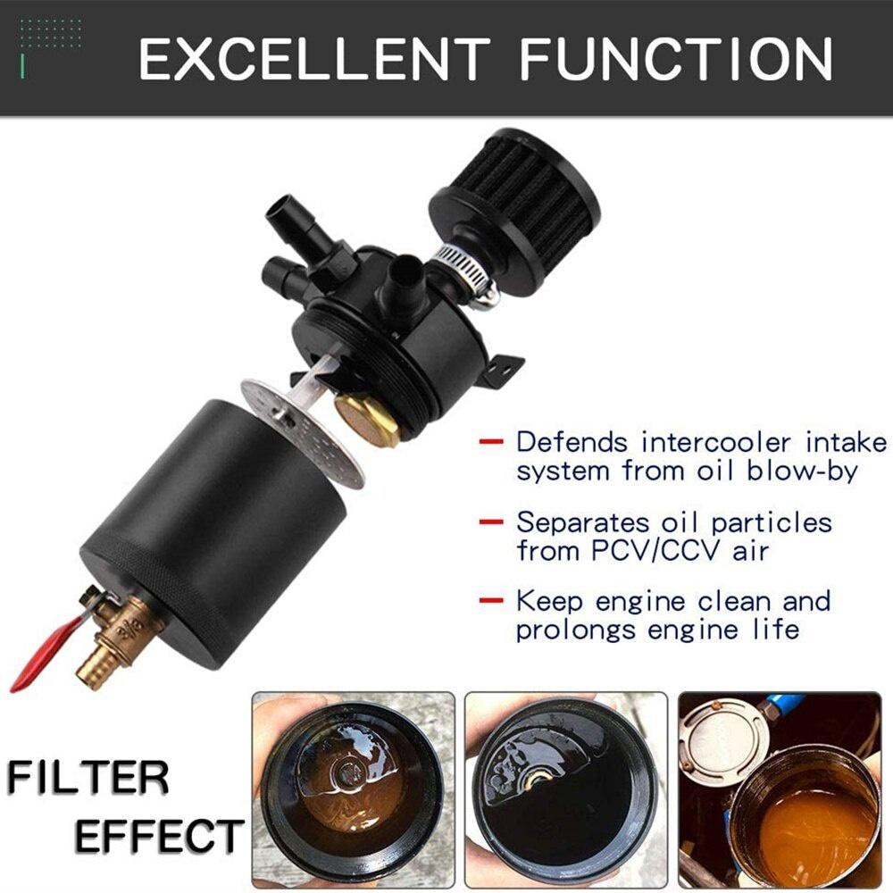 3 Port Oil Catch Can Kit 1 Oulet + 2 Intlet Compact Baffled Engine Oil Fuel Reservoir Tank with Breather Filter and Drain Valve