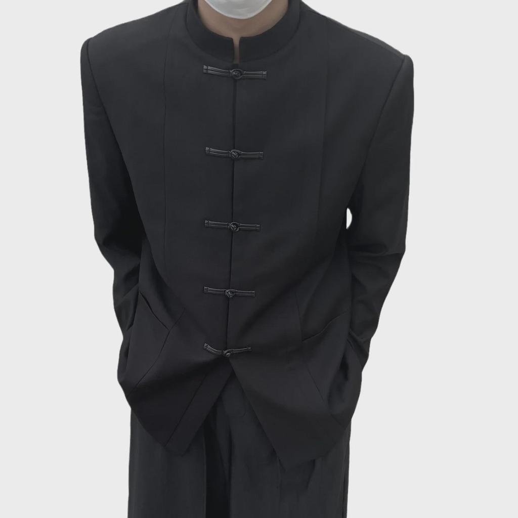 Мужской современный китайский костюм Чжуншань: Высококачественный воротник-стойка, повседневный свободный крой.