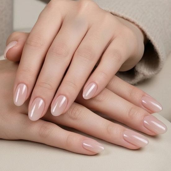 Umbra Studio 24Pcs Women Nude Press on Nails, Short Oval Natural Stick-on Fake Glossy Full Cover Glue False DIY Manicure Supplies