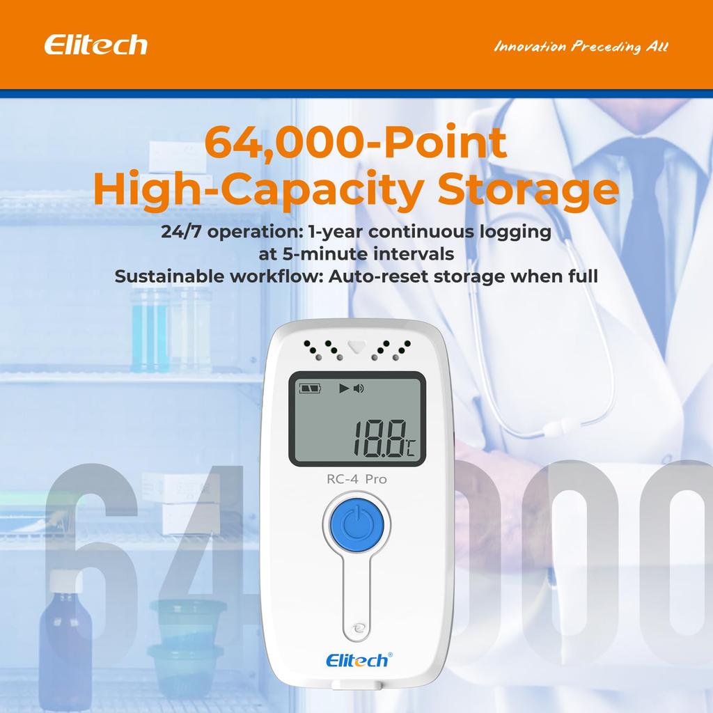 Мини-логгер температуры и влажности Elitech RC-4H Pro: USB-подключение, емкость записи 64 000 точек данных, с функцией сигнализации, подходит для