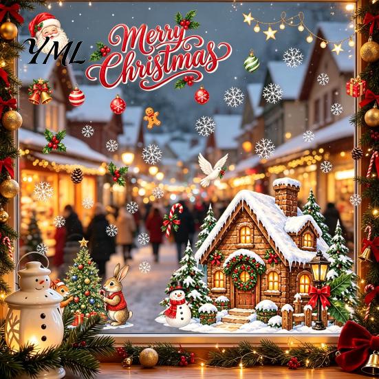 Outdoor Balcony Glass Stickers Christmas Window Clings, Snowy Village House Xmas Tree Squirrel Rabbit Party Supplies Sticker, Double-Sided Static