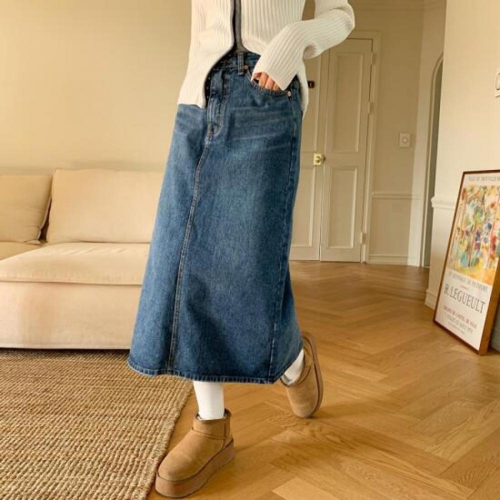 New Arrivals Open Run Elvys Slit Long Skirt Women Winter Back Band Washed Denim