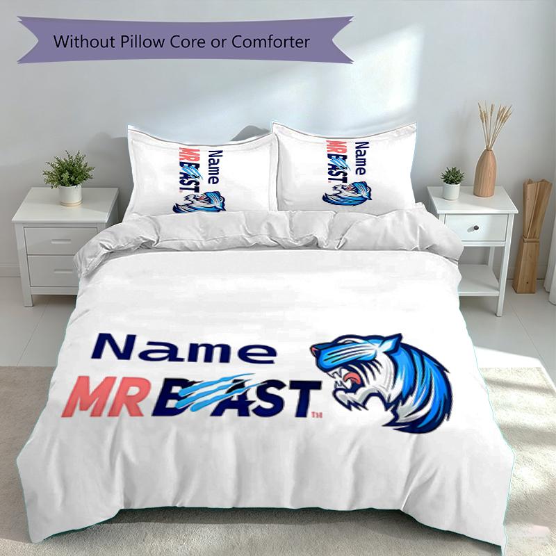 3pcs Custom Name MrBeast logo Set,Includes 1 Duvet Cover and 2 Pillowcases,All-season Bedroom Decor