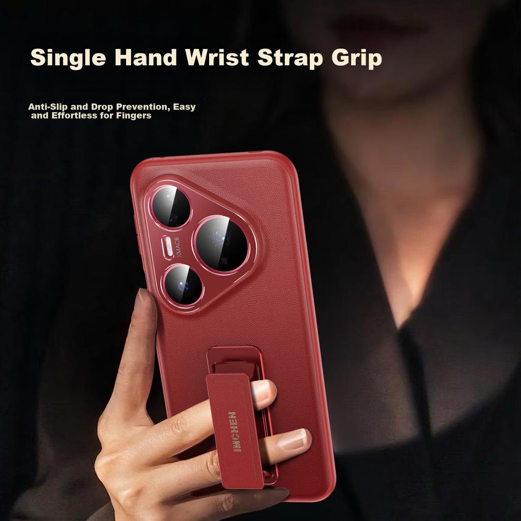 Aimeichen Wristband Stand | Tech Leather Huawei Pura80 Phone Case Full Coverage Lens Protection Slim Shockproof Gold