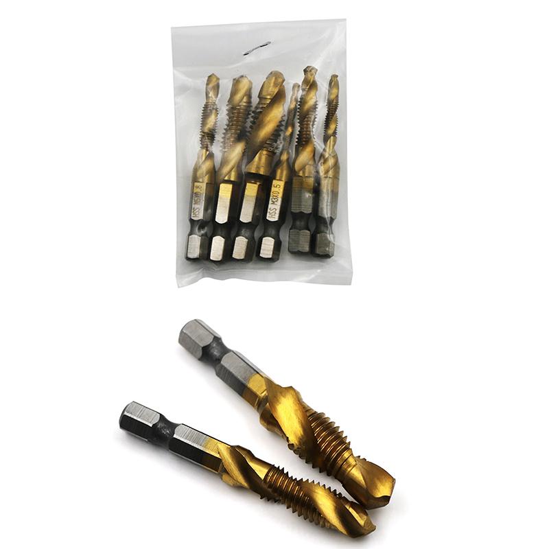 6 шт. быстрорежущей стали M3-M10 с титановым покрытием композитный метчик шестигранное сверло и метчик интегрированный метчик машина с инструментом для снятия фаски отверстия
