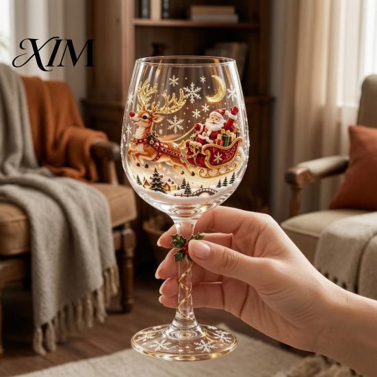 Snowman Pattern Goblet Christmas Stemmed Wine Glass, Snowman/SantaWreath/Elk/Christmas TreeHand Painted, Elegant Drinking Glass Creative Stemware for
