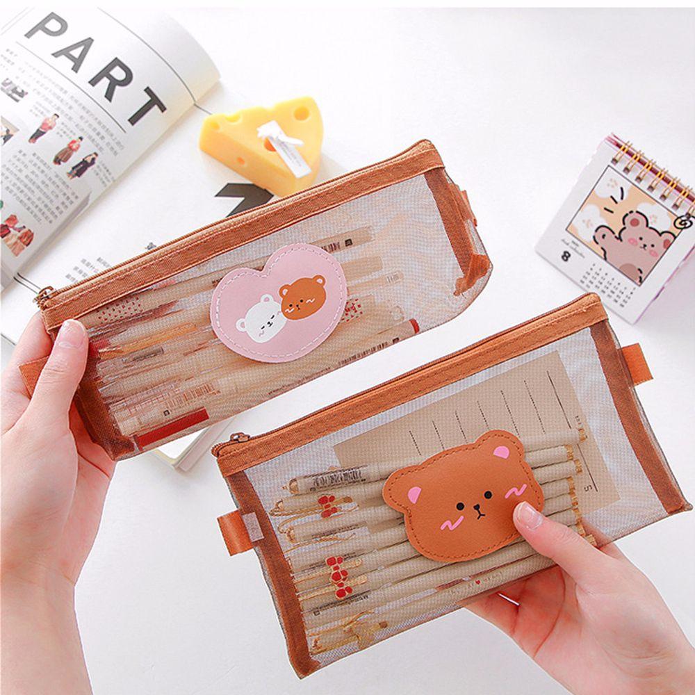 Cute Pen Bag Large Capacity Bear Pencil Bags Mesh Pencil Case Storage Bags Kawaii Pencil Bag