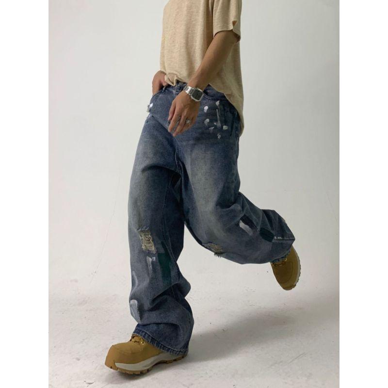 Европейские и американские уличные джинсы с чернильными пятнами для мужчин и женщин, нишевый дизайн, свободные широкие брюки для пар, повседневные универсальные брюки