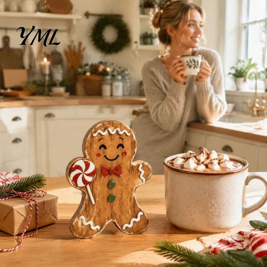 Holiday Tabletop Decor Christmas Wooden Gingerbread Man Decor, Rustic Gingerbread, Candy Cane House Figurines, Xmas Fireplace Mantle Ornaments
