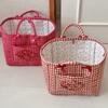 Vermilion Plaid Storage Basket with Stone Handles, Ins Style Portable Organizer for Bathroom Laundry & Sundries